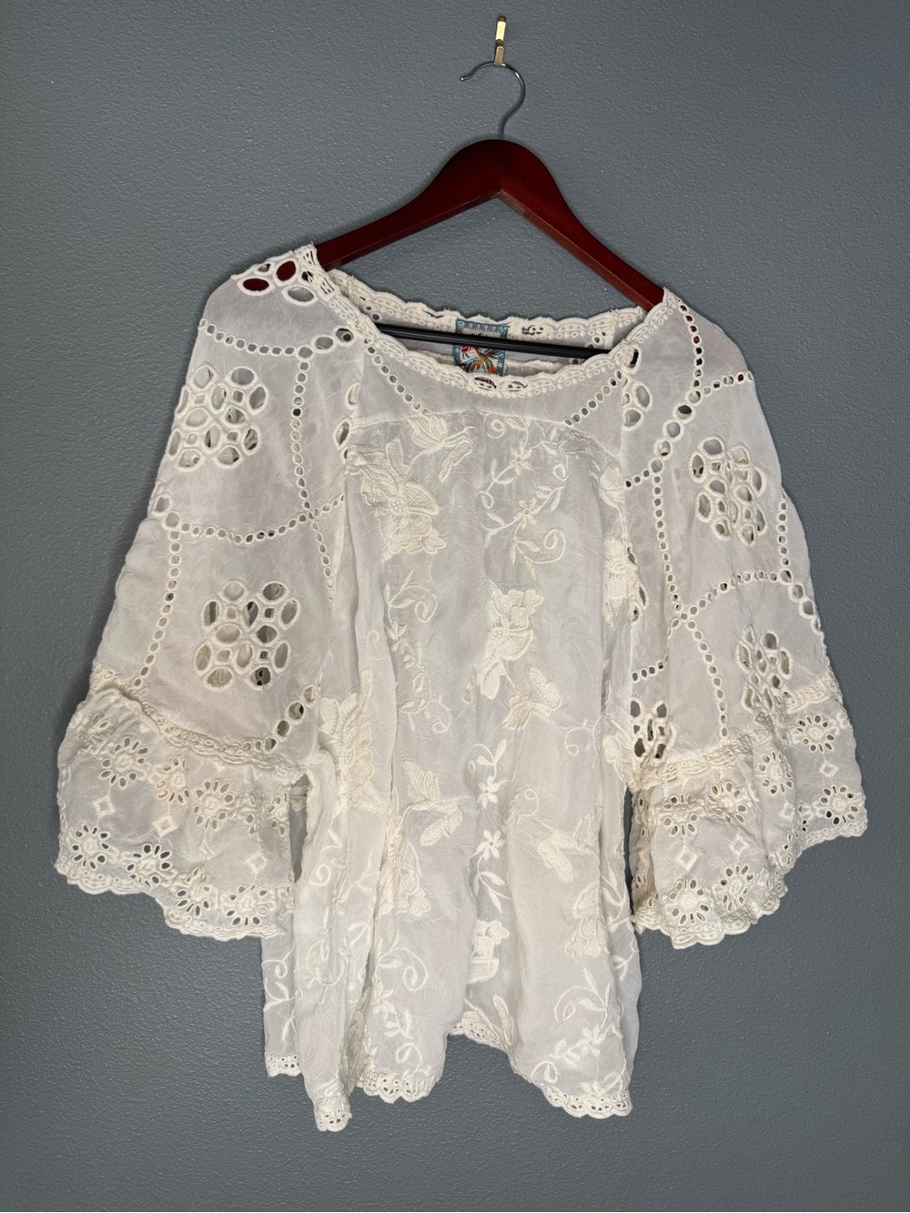 Johnny Was White Eyelet Embroidered Boho Tunic Blouse XL Cupra Rayon